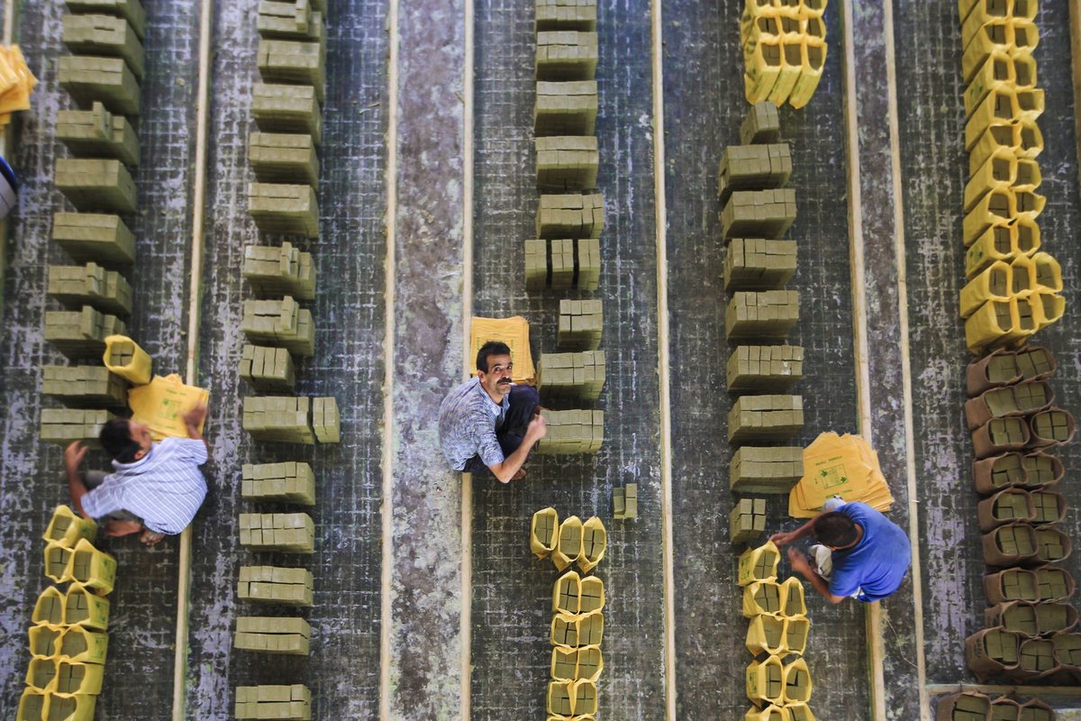 Building materials arranged on a factory production floor